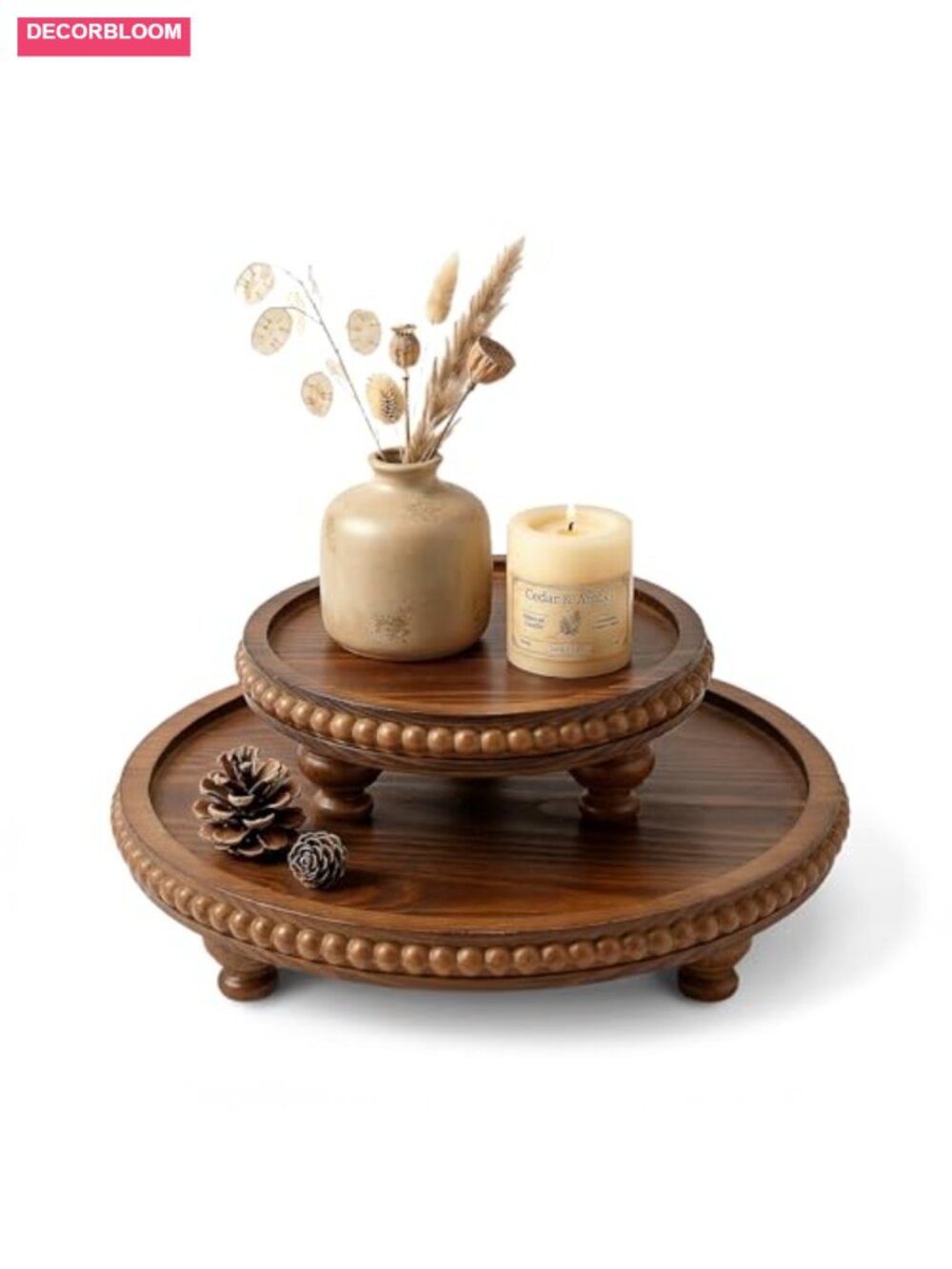 Set of 2 Solid Pine Wood Round Display Risers Beaded Edge Decor Stands